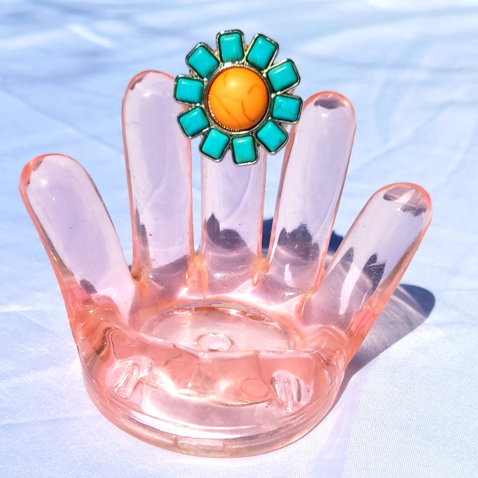 Turquoise Flower Ring With Stretchy Band Os